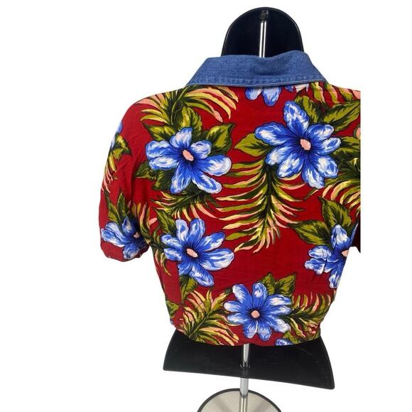 Hawaiian Crop Top Tie Front Button Tropical Cruise Beach M Red Boho Vintage - Picture 10 of 11